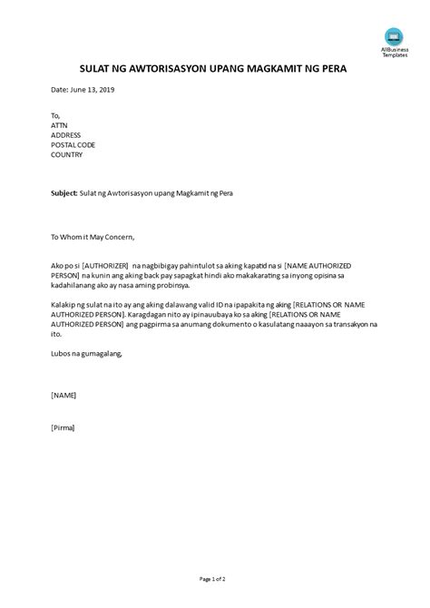 authorization letter tagalog sample|Sulat Ng Awtorisasyon Upang Magkamit Ng Pera .